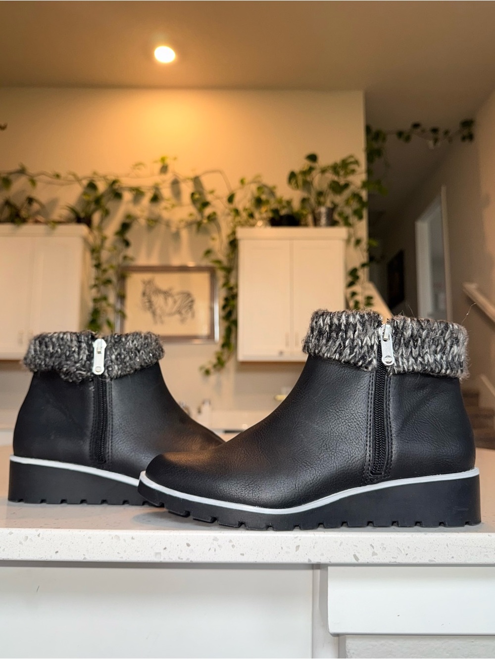 Adrienne Vittadini Sport Trapeza Black Ankle Wedge Boots with Gray Knit Cuff